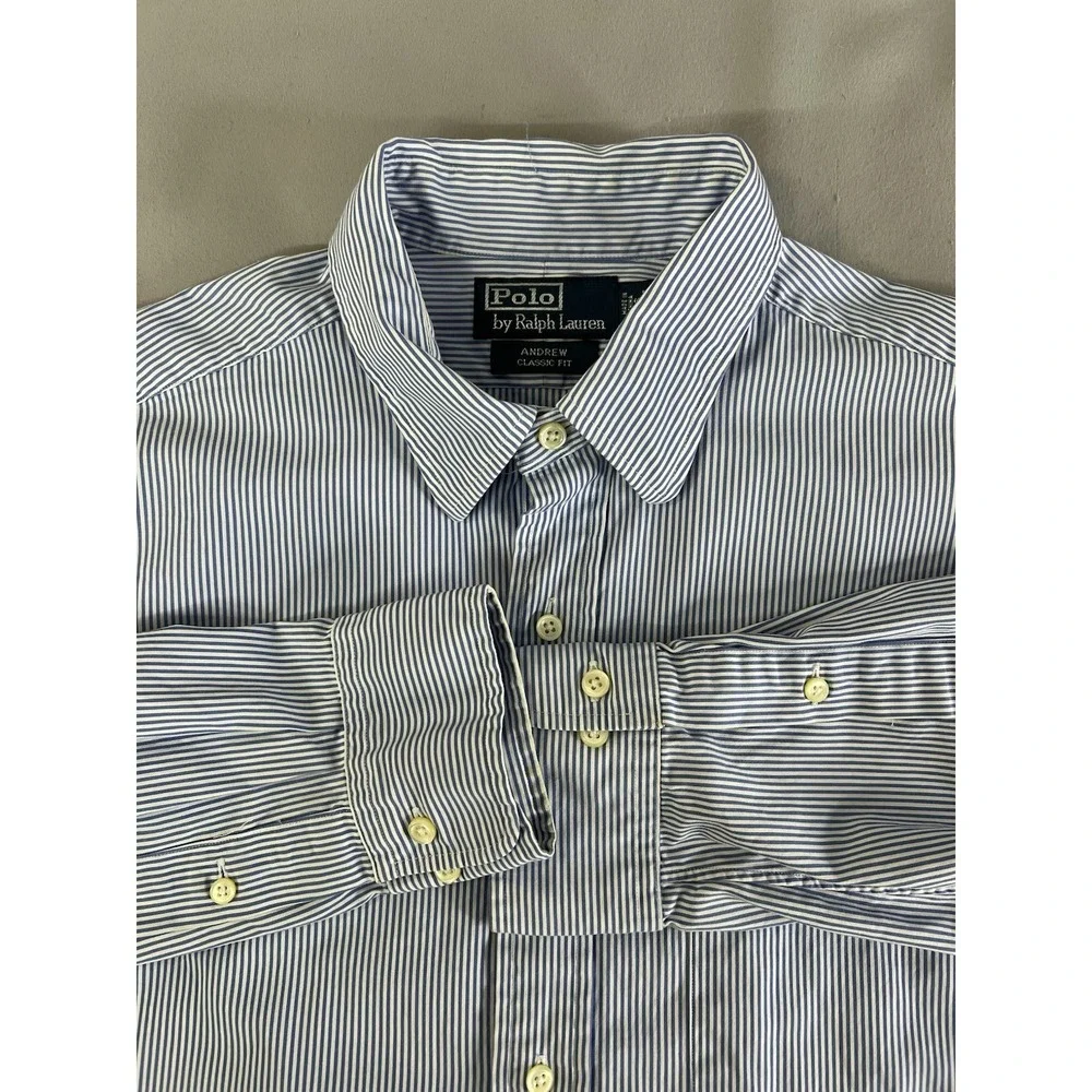 Polo Ralph Lauren Shirt Mens 16 34/35 No Pony Andrew Classic‎ Stripe White Blue